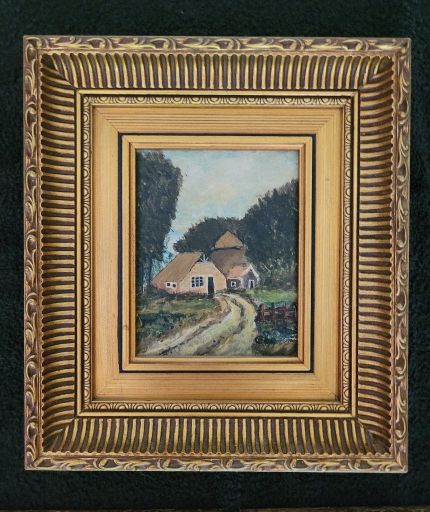 Boederij op paneeltje gevat in puntgave goudkleurige lijst, Paneel, Ophalen of Verzenden, Olieverf, Klassiek