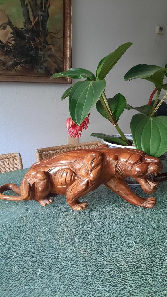 Groot houten vintage tijger/panter beeld, Ophalen, Houtsnijwerk, Art deco, 50 - 100 cm
