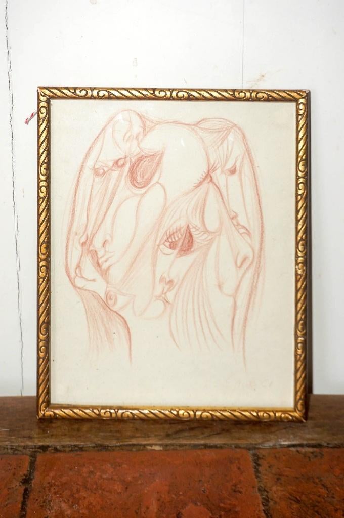 surrealistische tekening mid-century * psychedelische, Antiek en Kunst, Kunst | Tekeningen en Foto's, Verzenden
