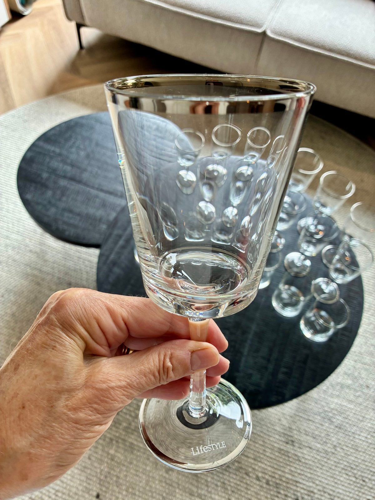 Set van 18 Lifestyle glazen met zilveren rand, Ophalen, Glas of Glazen, Gebruikt, Overige merken