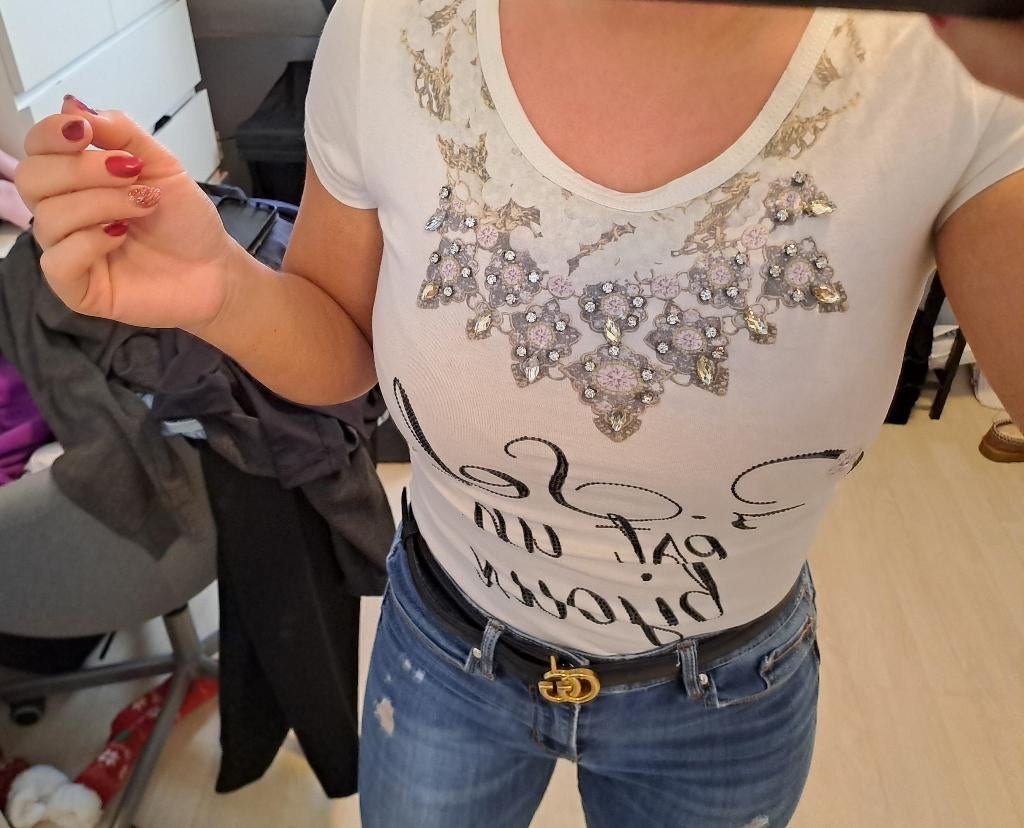 G.sel milano shirtje met strass., Kleding | Dames, Wit, Ophalen of Verzenden, Korte mouw, Maat 34 (XS) of kleiner