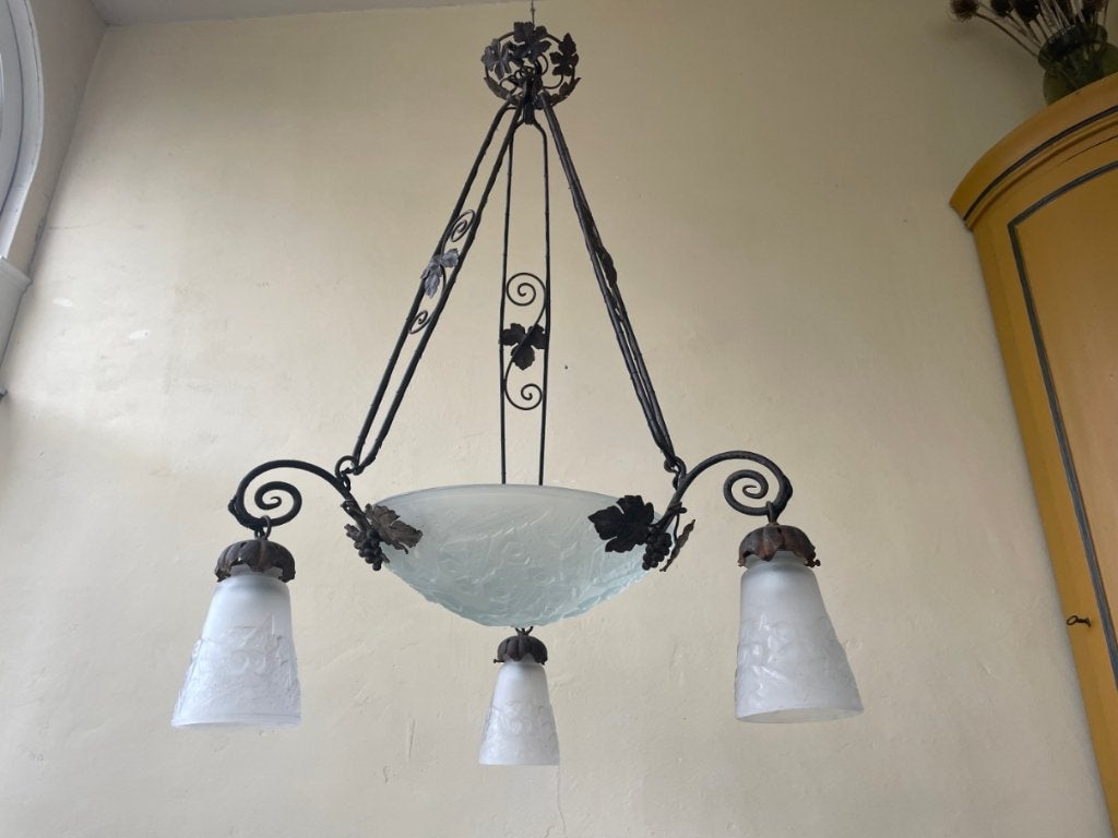 Art Deco 1930 gesigneerd Hanglamp Lamp Muller Freres Frans, Ophalen