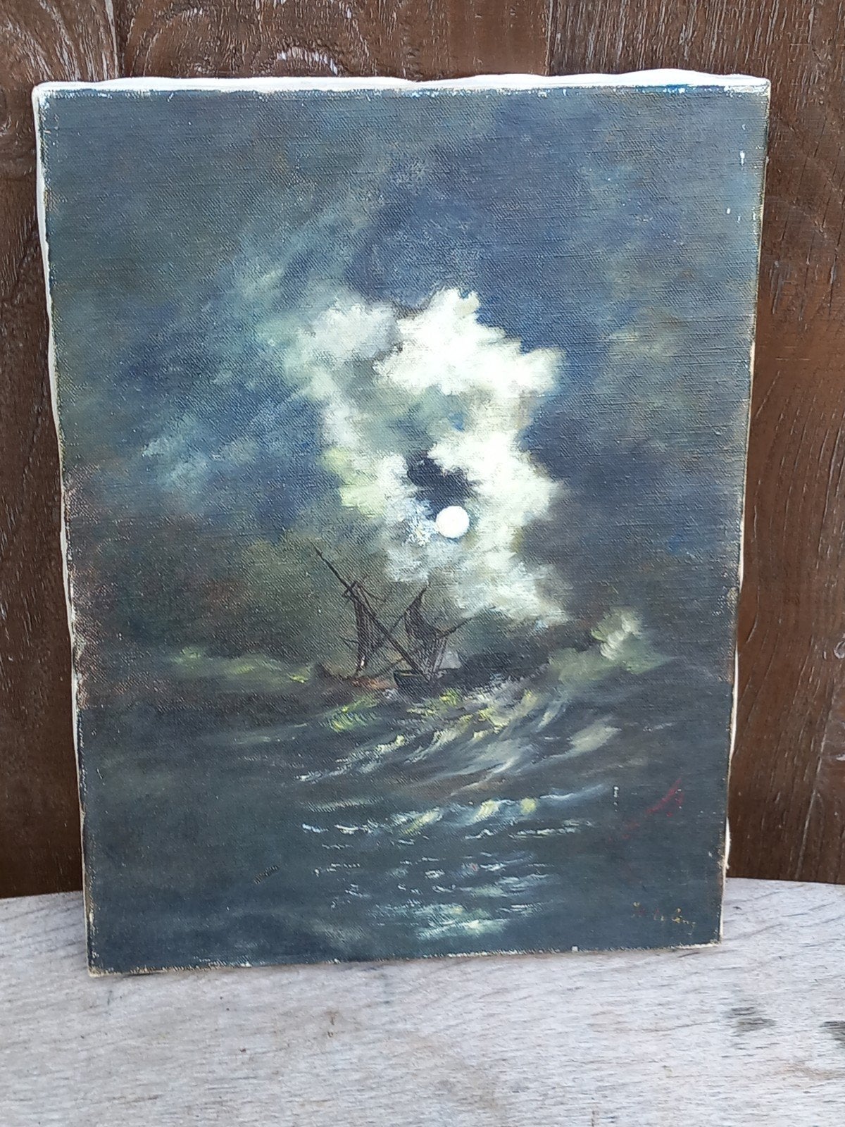 Maritiem Schilderij: Schip op woelige zee bij maanlicht, Antiek en Kunst, Maritiem / water, Gesigneerd, Doek, Realistisch