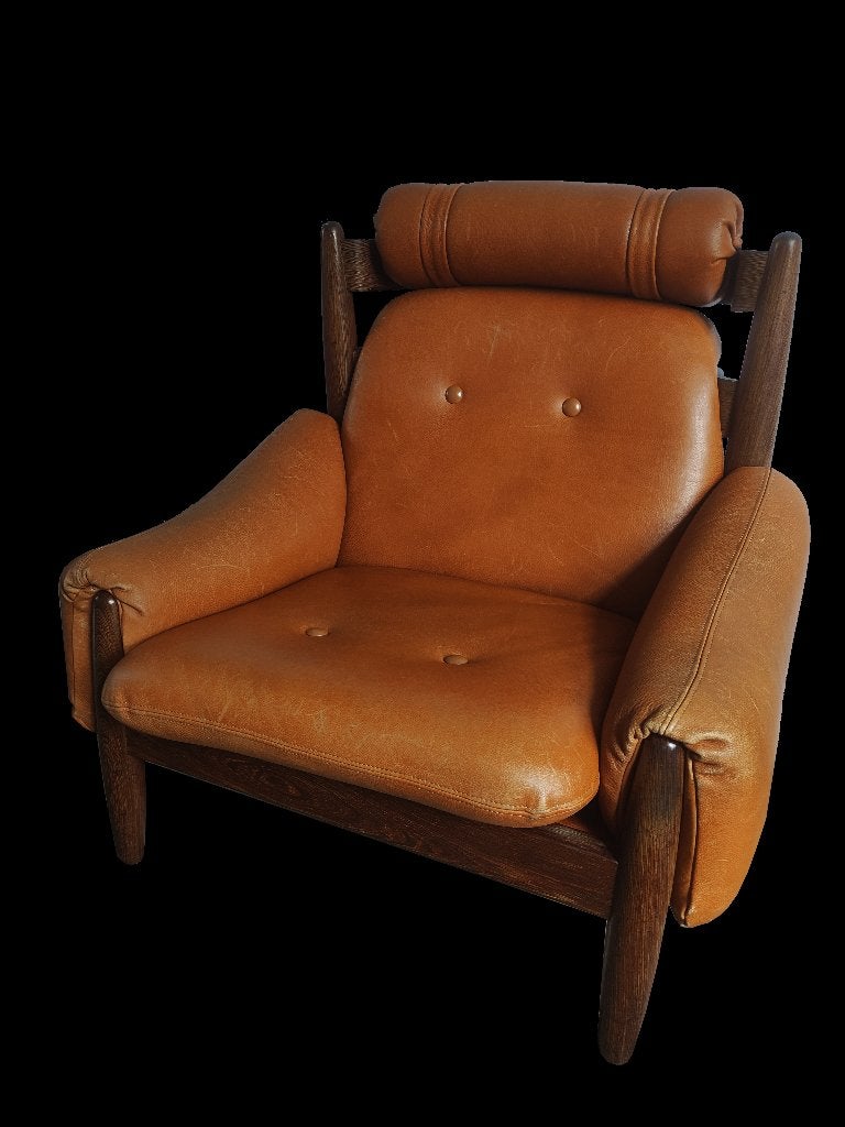 Prachtige vintage brutalist Sergio Rodrigues design fauteuil, Ophalen, Gebruikt, 75 tot 100 cm, Leer