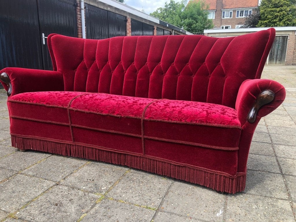 Rode velours bank, prachtige staat, vintage design, Huis en Inrichting, 75 tot 100 cm, Ophalen of Verzenden, Zo goed als nieuw