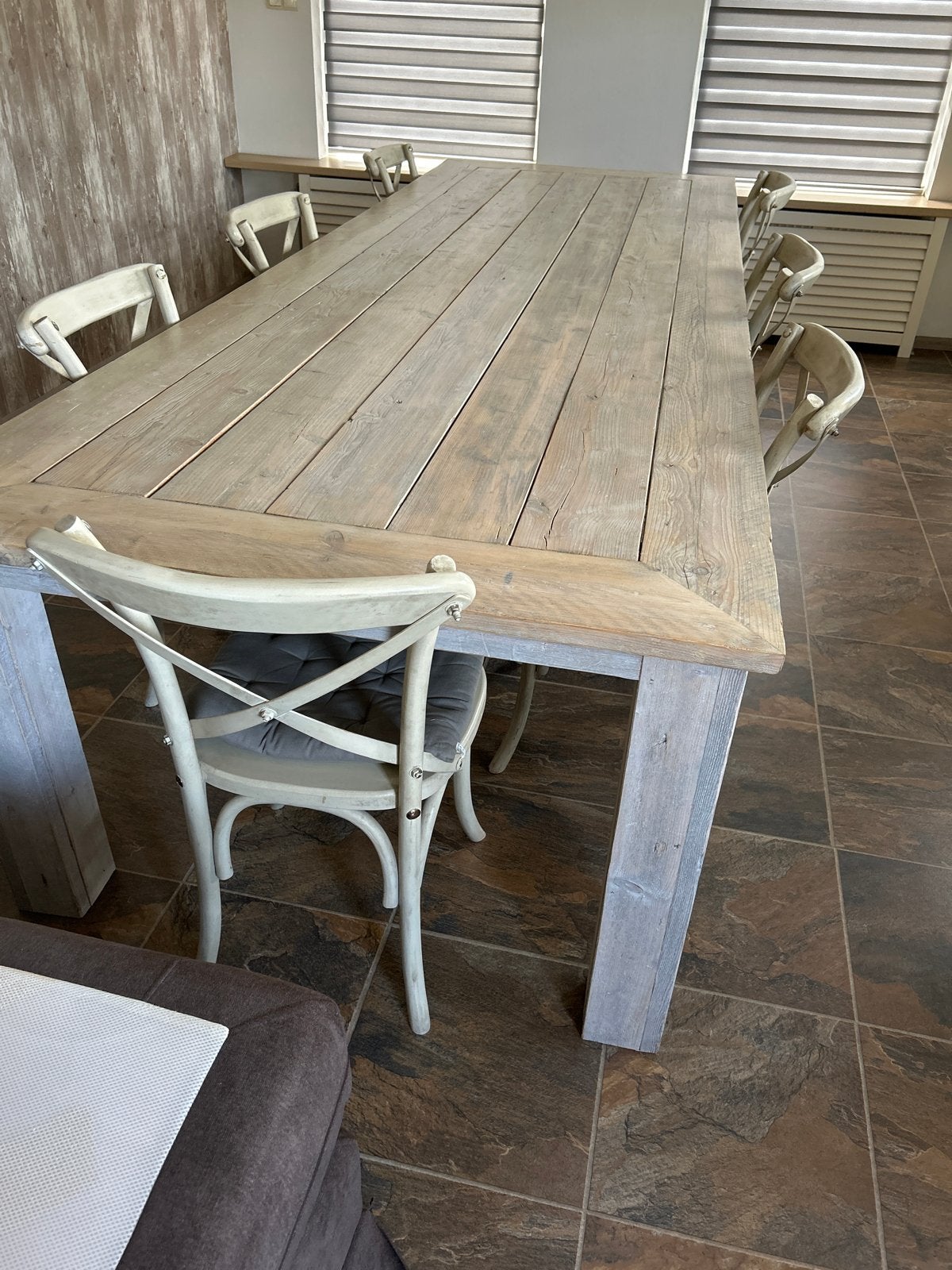 Grote gezinseettafel met 7 stoelen - 3,50 meter, Ophalen, Gebruikt, 200 cm of meer, Vijf personen of meer
