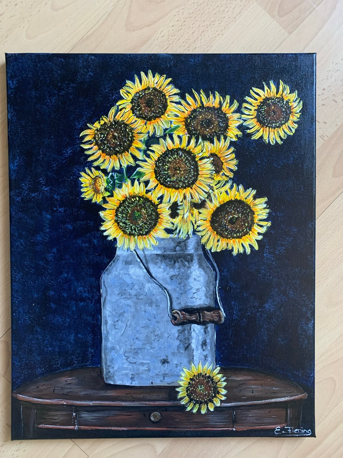Schildering zonnenbloemen in melkbus, Bloemen, Acrylverf, Doek, Ophalen of Verzenden