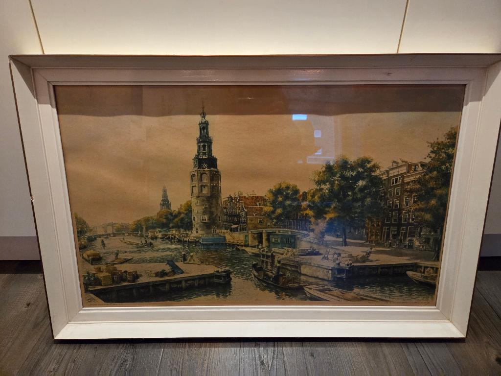 Kleurenets Montelbaanstoren Cornelis Brandenburg 80x50cm, Antiek en Kunst, Kunst | Etsen en Gravures, Ophalen, Ets, Stadsgezicht