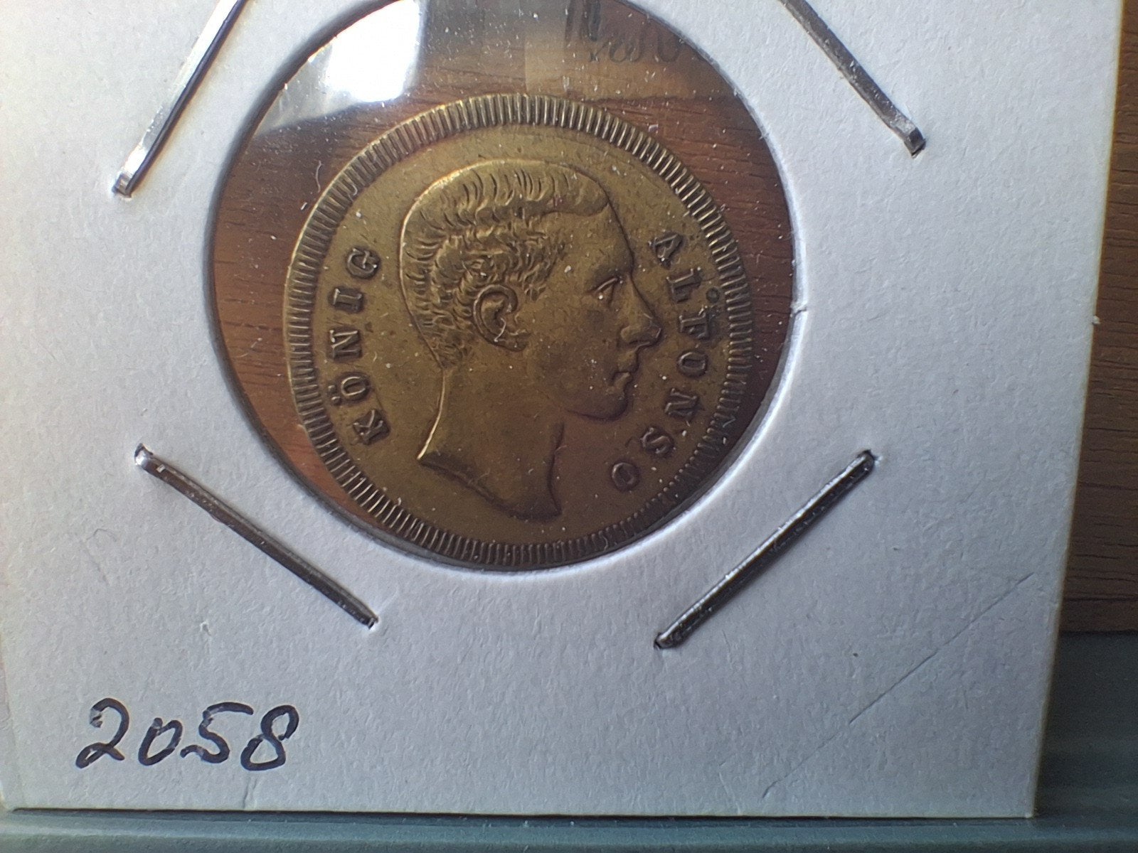 Oude munt met Alfonso XII en 'Spiel Marke', Postzegels en Munten, Ophalen of Verzenden, Overige materialen