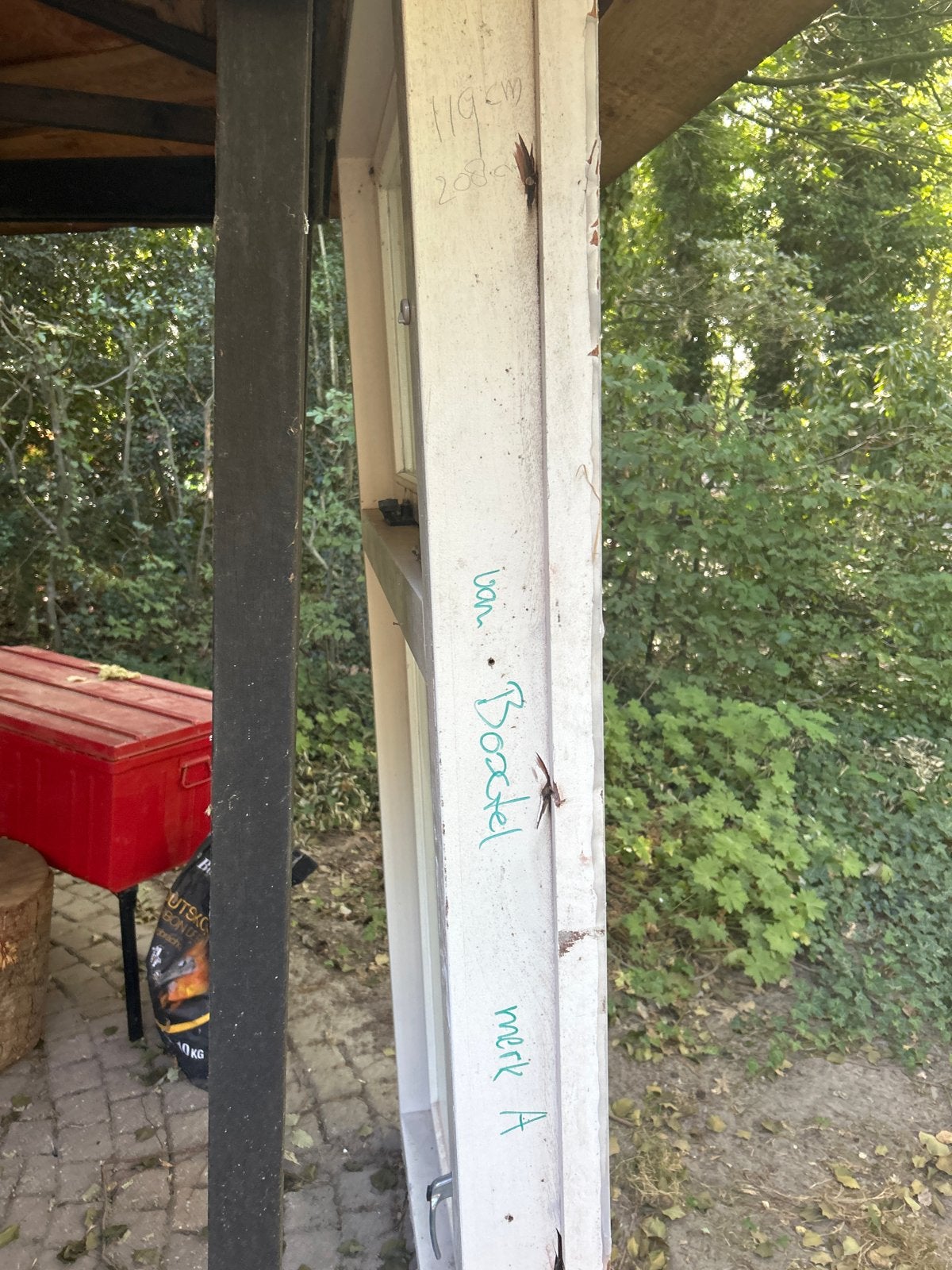 Hardhouten kozijn met bovenraam en openslaande ramen, Ophalen, Gevelraam of Ruit, Gebruikt, 80 tot 120 cm