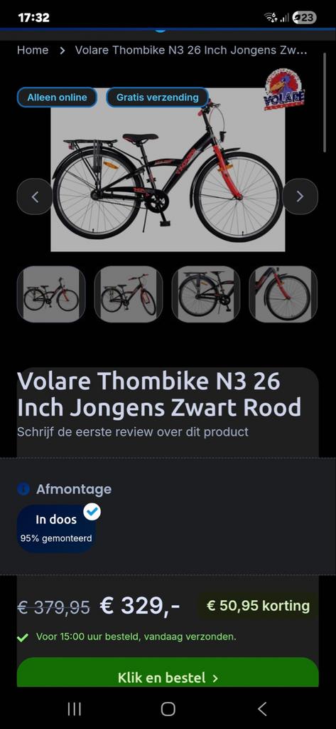 Volare Thombike N3 26 inch Jongensfiets Zwart Rood, Fietsen en Brommers, Fietsen | Jongens, Ophalen of Verzenden, Zo goed als nieuw