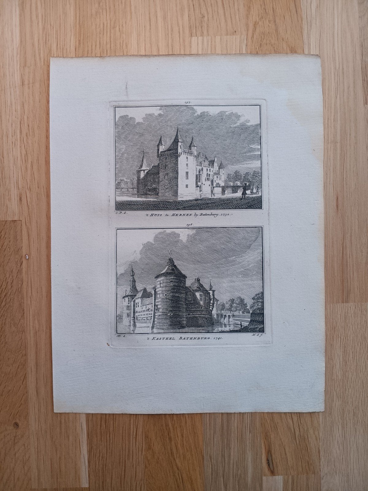 Originele kopergravure: Kasteel Hernen en Kasteel Batenburg, Dubbele gravure, Architectuur, Ophalen of Verzenden, Gravure
