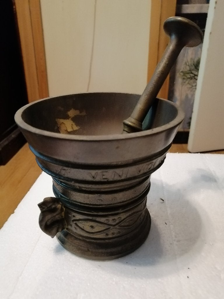 Vintage zwaar koperen /bronzen vijzel met stamper, 14x14cm, Ophalen of Verzenden, Brons
