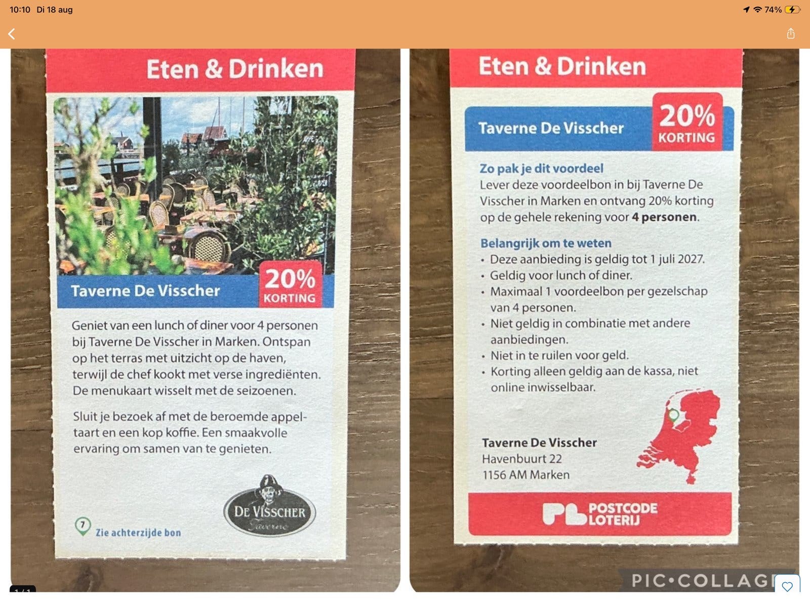 Taveerne De Visscher in Marken - 20% korting (KWF), Drie personen of meer, Kortingsbon
