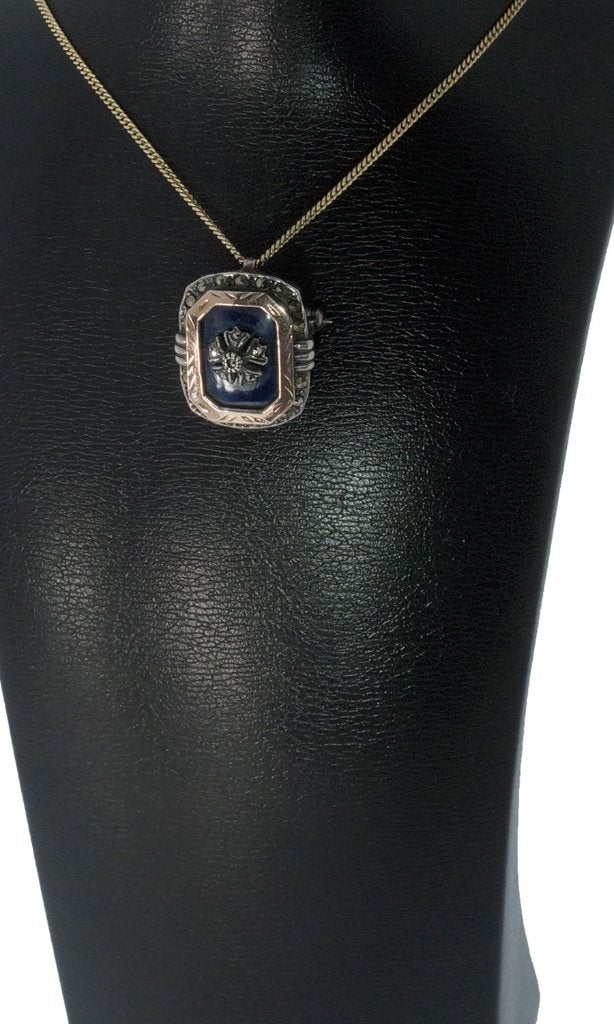 Blauw glas markasiet gouden 14k ketting hanger antiek dames, Verzenden, Goud, Hanger, Met edelsteen