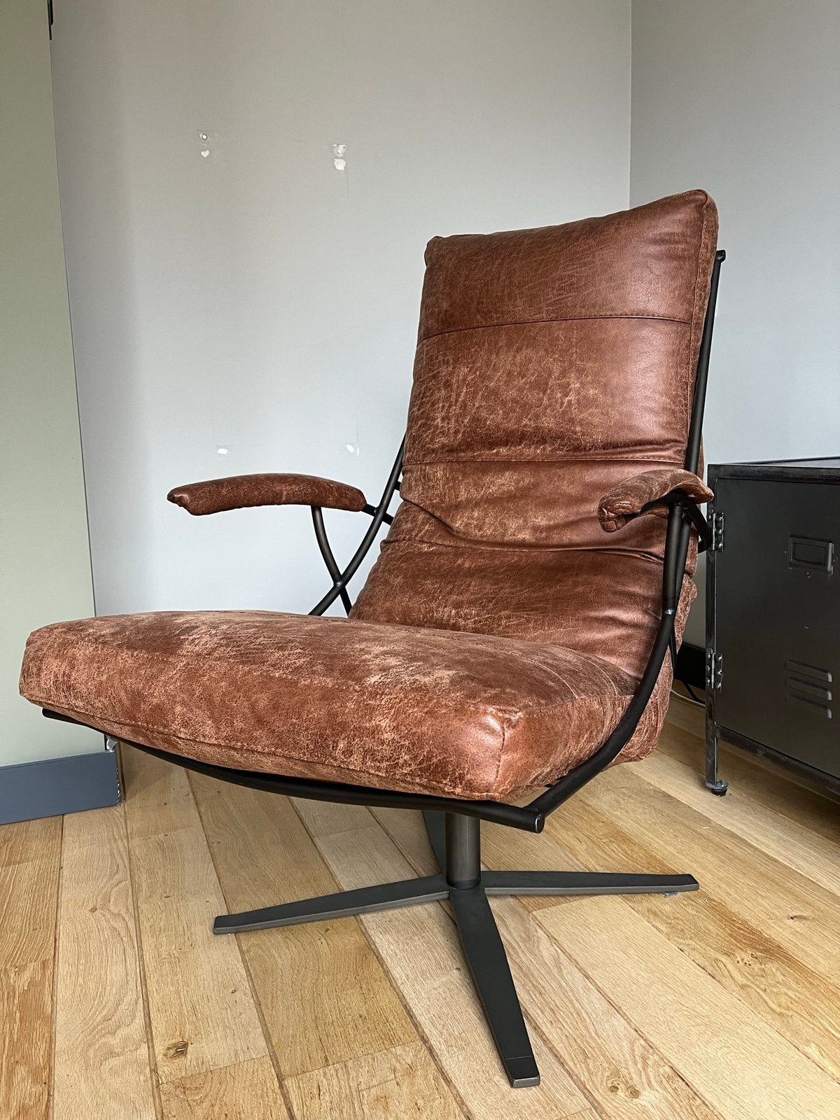 Leren fauteuil - Cognac bruin - Industrieel design, Ophalen, Bruin, Leer, Zo goed als nieuw