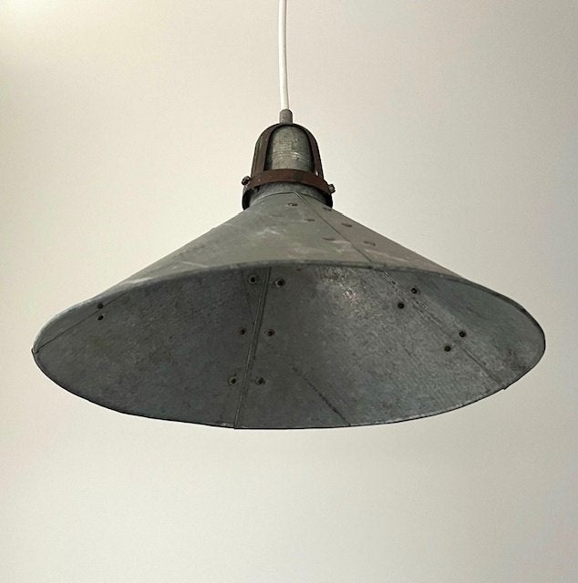 Franse industriële hanglamp zink / aluminium, Ophalen of Verzenden, Gebruikt, Metaal, E14 (klein)