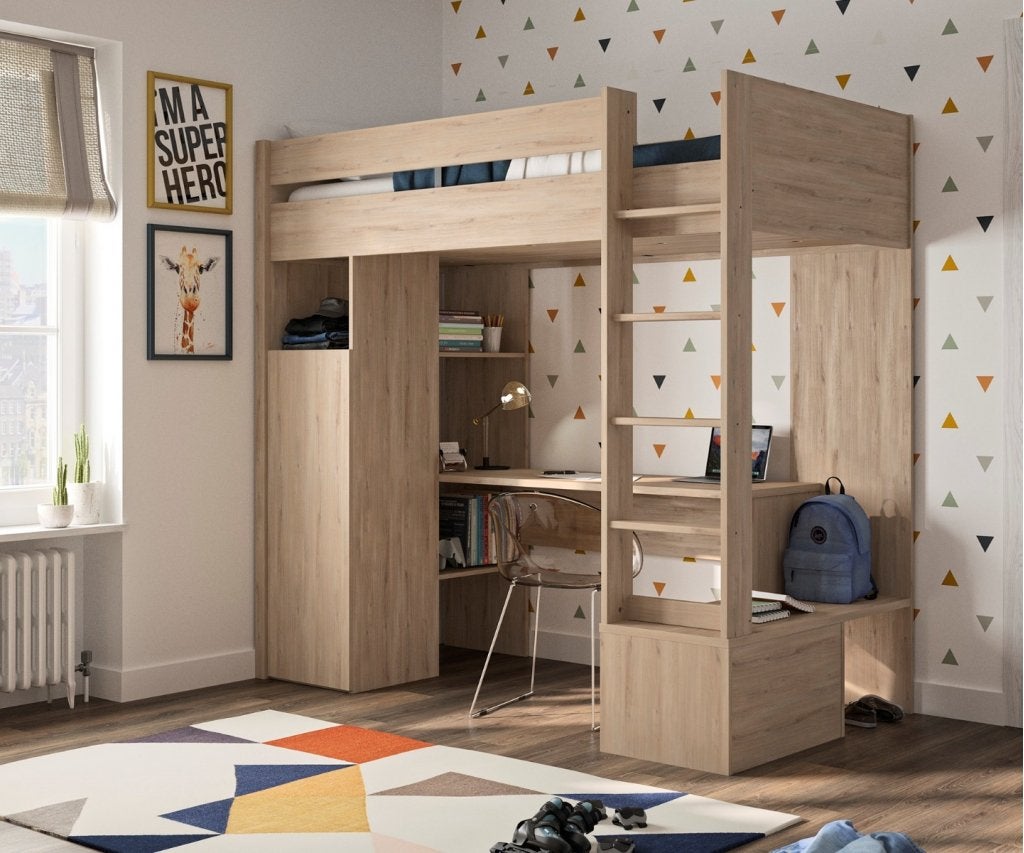 Ethan hoogslaper met bureau en kast - 90x200 - Eiken