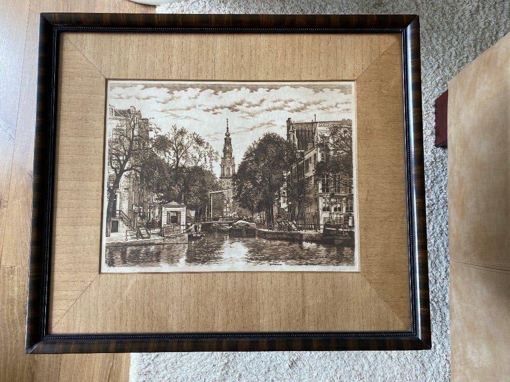 Ets Amsterdam, 1913, Antiek en Kunst, Kunst | Etsen en Gravures, Ophalen, Ingelijst, Ets, Stadsgezicht