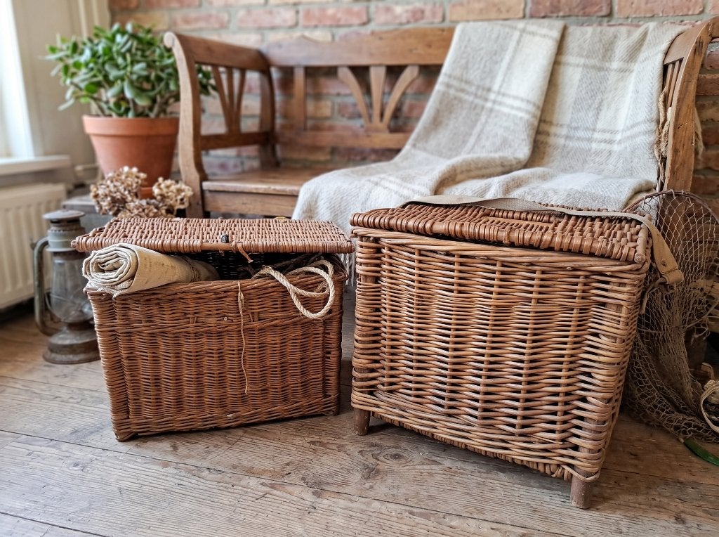 Set met 2 prachtige MCM rieten vismanden brocante deco 1910, Ophalen, Gebruikt, -, Riet