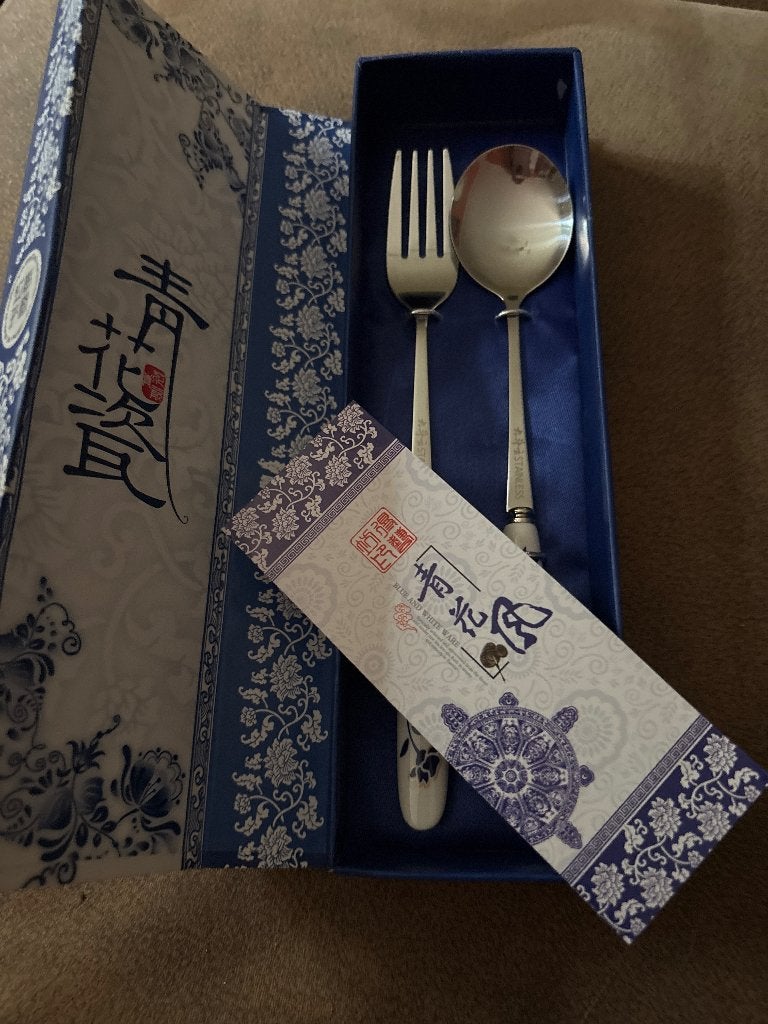 Chinese blauw-wit porseleinen lepel & vork – Cadeauset, Ophalen of Verzenden