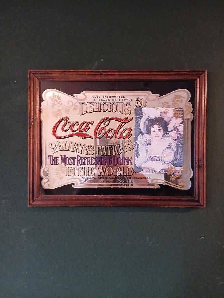 Vintage Coca-Cola Reclamebord met Spiegel en Houten Lijst, Verzamelen, Ophalen, Zo goed als nieuw, Reclamebord