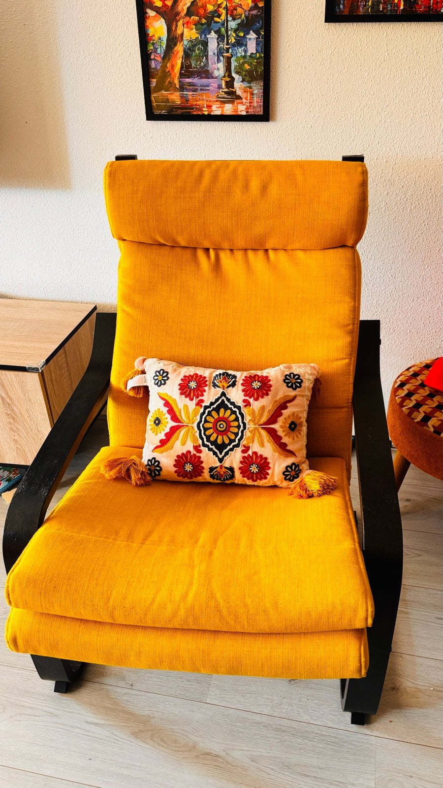 Ikea Comfort Schommelstoel Zwart met Mosterdgele Kussens, Ophalen of Verzenden, Zo goed als nieuw, Hout