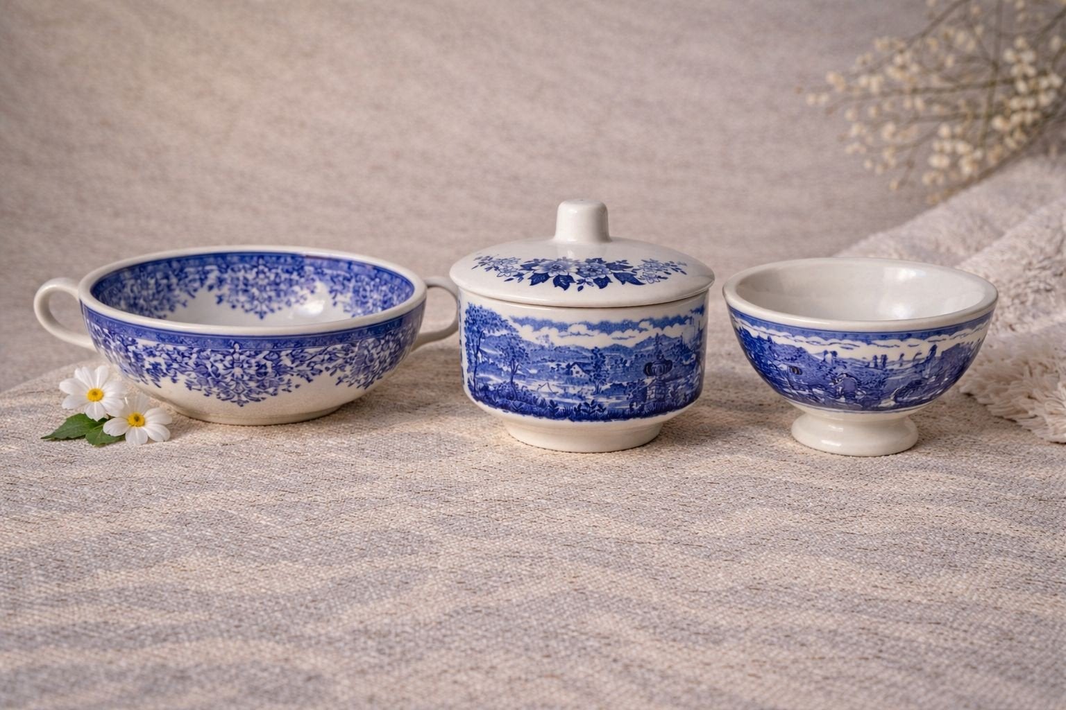 Vintage Belgische kastkom en potje Broadhurst blauw decor, Antiek en Kunst, Ophalen of Verzenden
