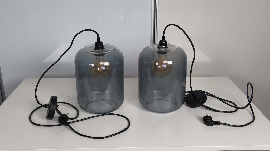 2x Kwantum hanglamp rookglas smoke grijs met filamentlamp, Ophalen, Gebruikt, Kwantum, Kwantum