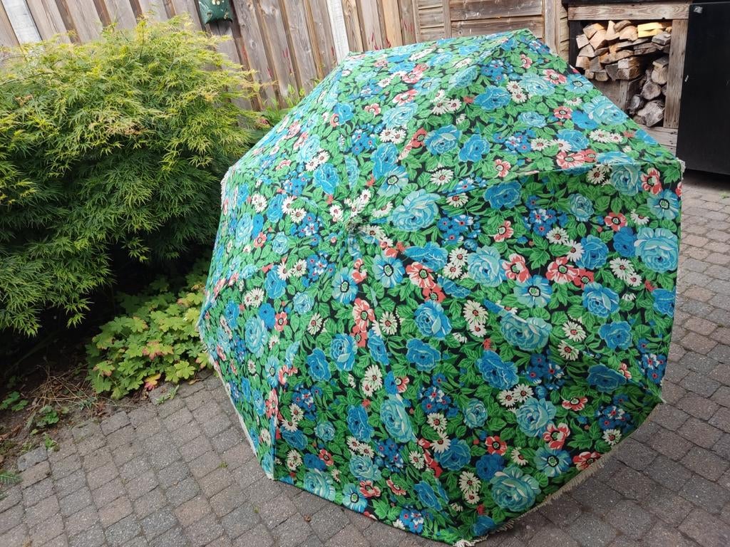 Vintage Strandparasol met Bloemenprint en Franjes, Ophalen