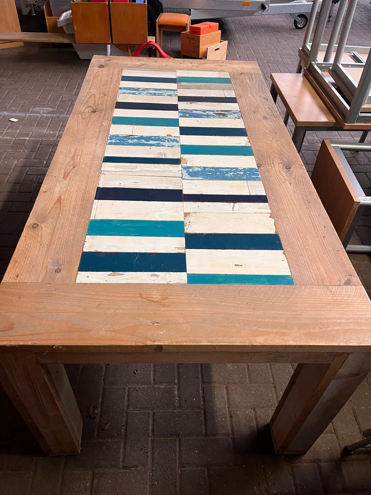 Steigerhouten tafel met sloophout inleg, Huis en Inrichting, Tafels | Eettafels, Ophalen, Gebruikt, 50 tot 100 cm, 150 tot 200 cm