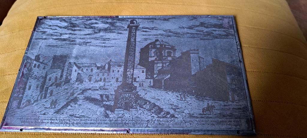 Antieke Gravure ets Plaat: Romeins Stadsgezicht met Zuil, Antiek en Kunst, Ophalen, 1800 - 1899, Stadsgezicht, Origineel