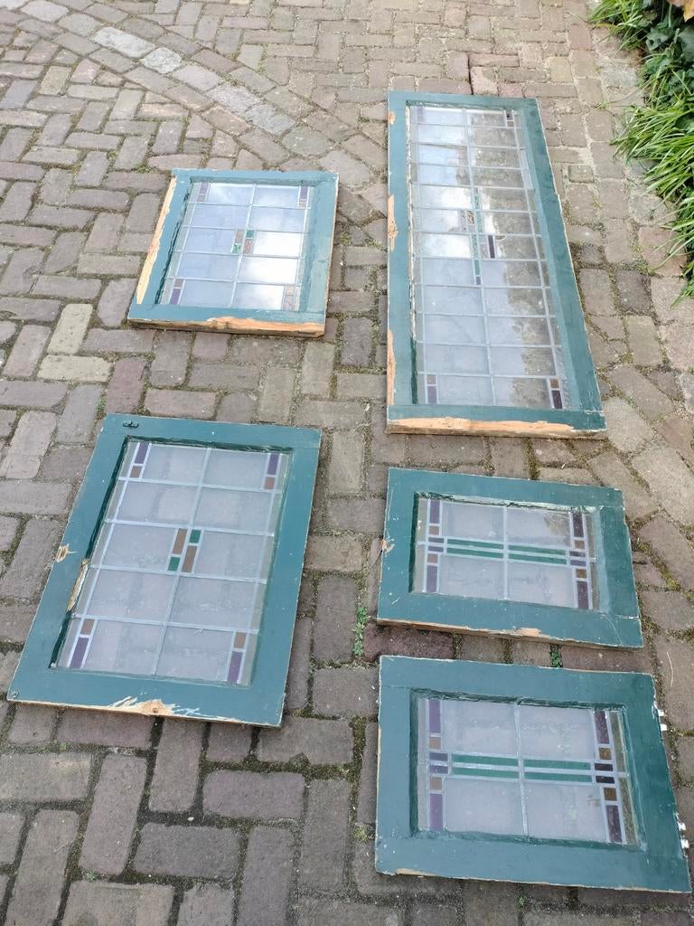 Set van 5 glas-in-lood ramen, diverse maten, Ophalen, Gevelraam of Ruit, Gebruikt, Minder dan 80 cm