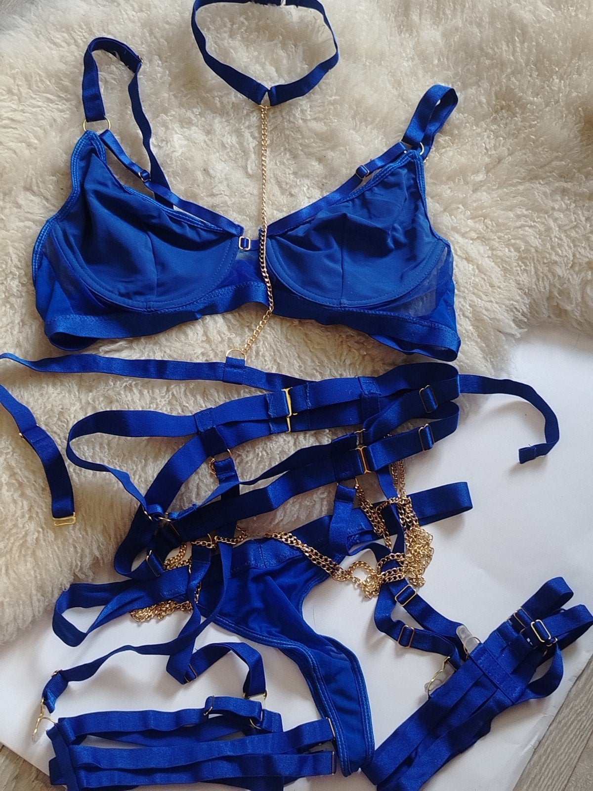 Luxe 4-delig harnas lingerie set in maat L, Ophalen of Verzenden, Blauw, Setje