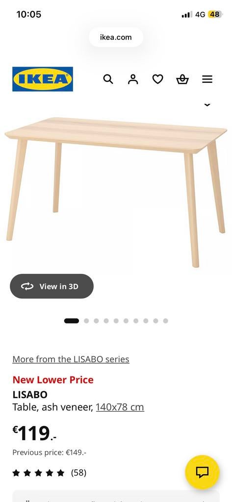 IKEA LISABO eettafel, essenfiner, 140x78 cm, Ophalen, 100 tot 150 cm, 50 tot 100 cm, Zo goed als nieuw