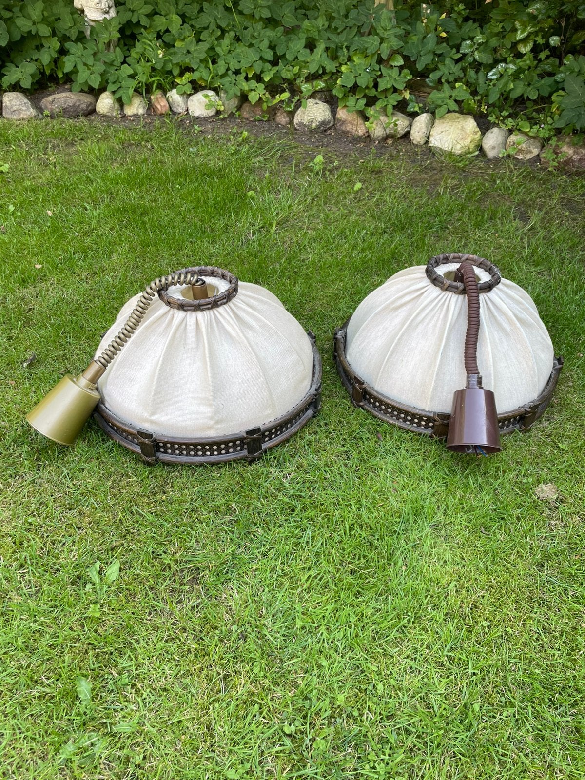 Vintage hanglampen ‘70 met manou rotan frame en stoffen kap, Ophalen of Verzenden, Zo goed als nieuw, Overige materialen