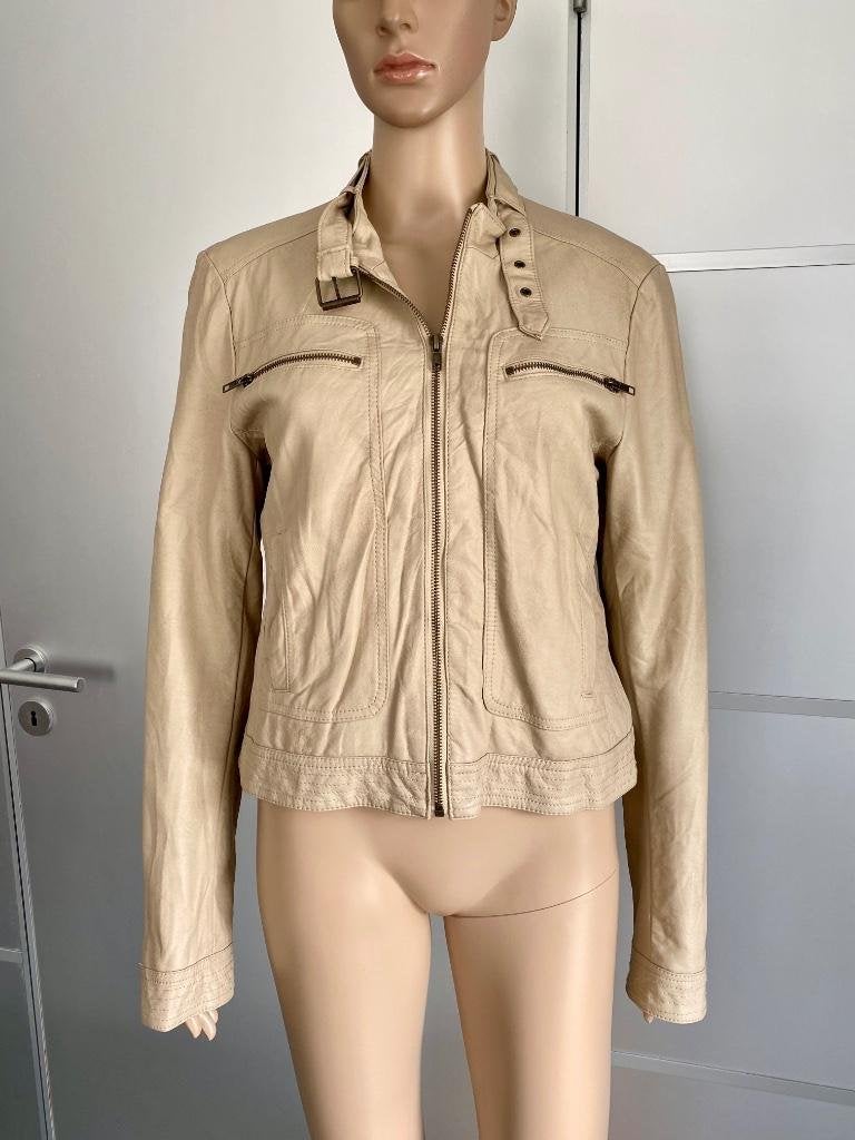 H285 Expresso maat 40=M immitatie-leren jasje jack colbert, Maat 38/40 (M), Expresso, Beige, Ophalen of Verzenden