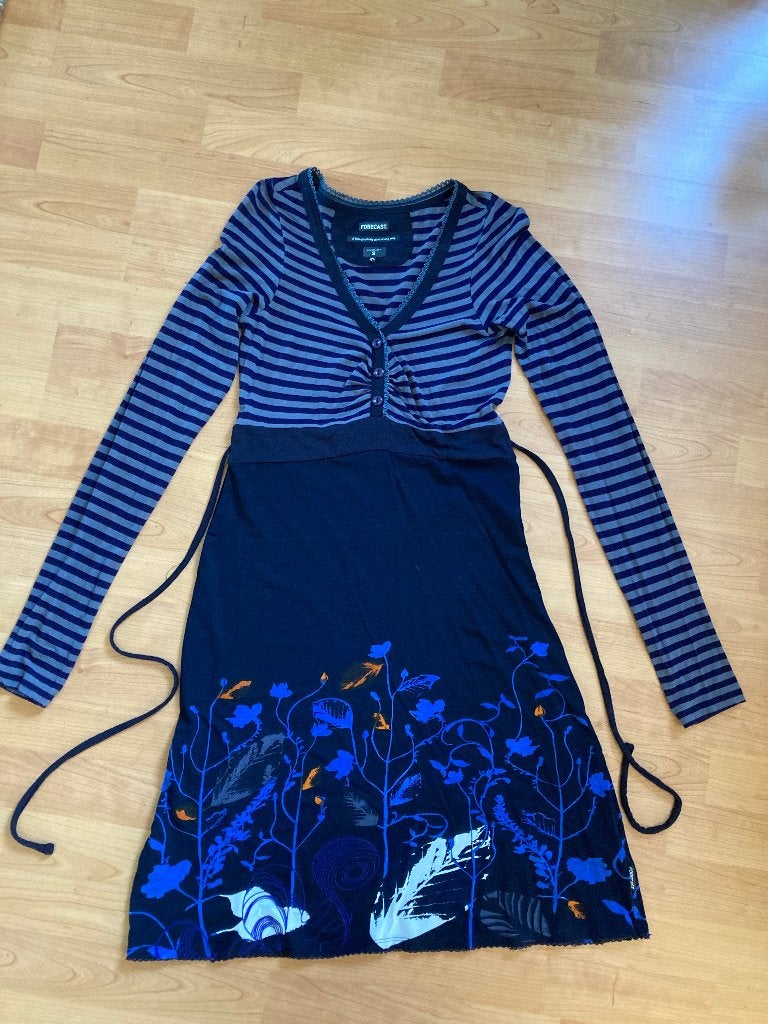 Jurk Forecast gestreept en gebloemd blauw/grijs – maat S, Kleding | Dames, Blauw, Ophalen of Verzenden, Maat 36 (S), Gedragen