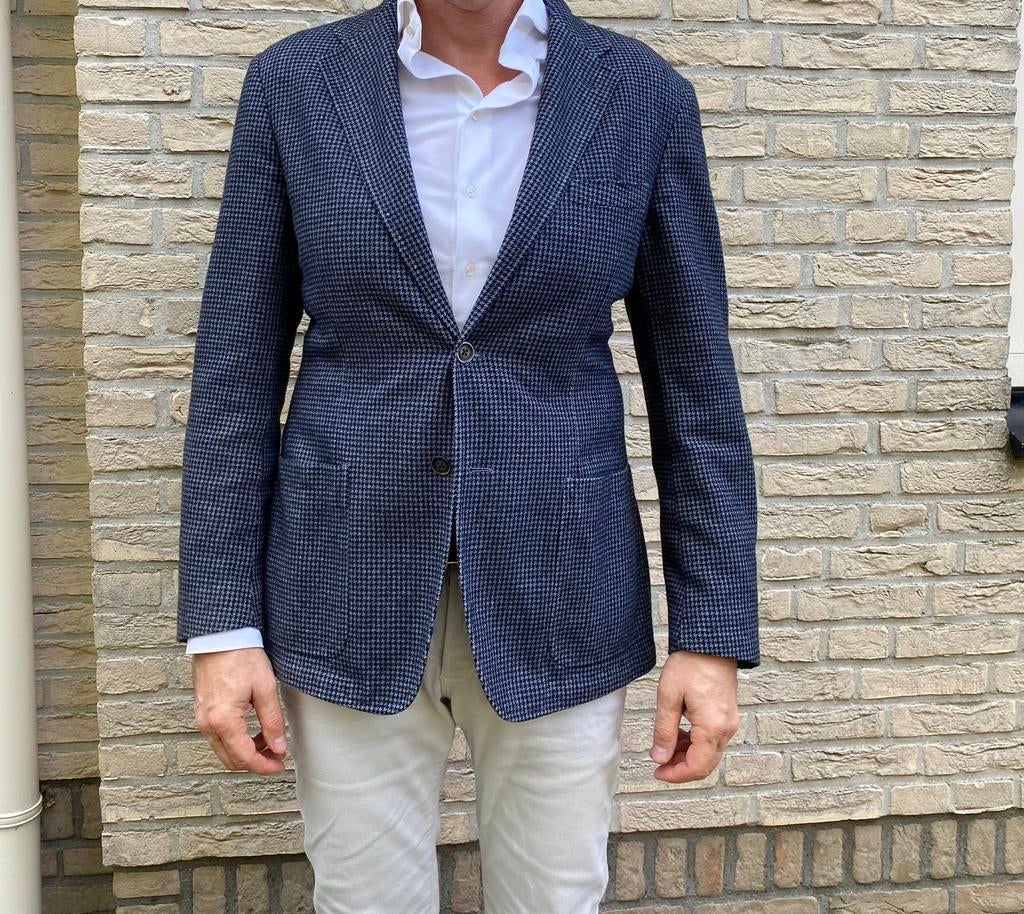 Corneliani colbert mt 52 donkerblauw ruitje zgan!, Ophalen of Verzenden, Zo goed als nieuw, Maat 52/54 (L), Blauw