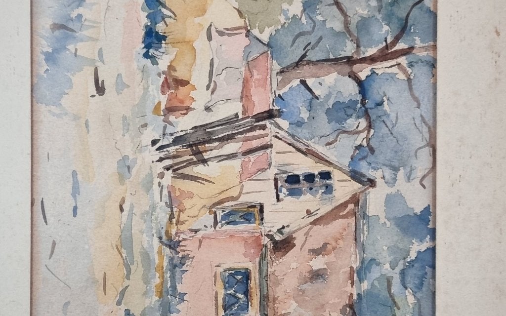 Aquarel roze huis tussen bomen - gesigneerd, 1913, Ophalen, Impressionistisch, Aquarel, Gesigneerd