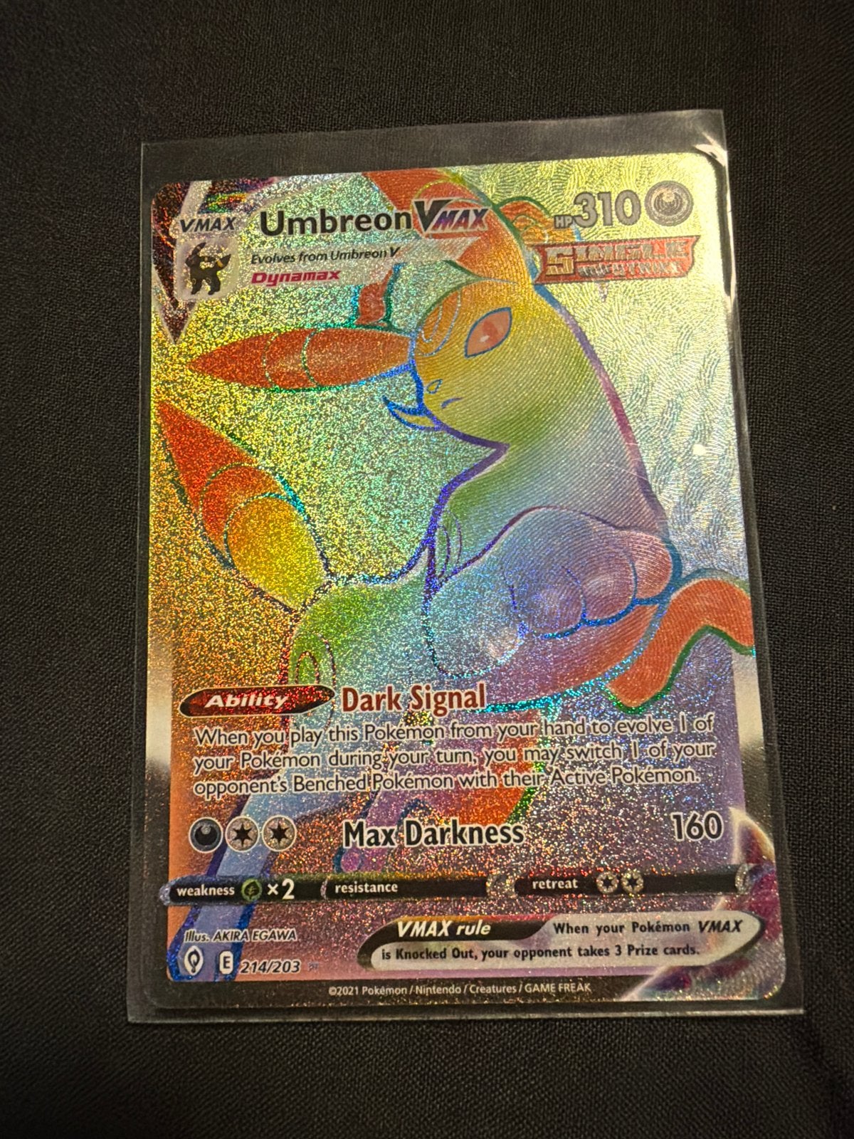 Pokémon Umbreon VMAX Rainbow Rare Evolving Skies, Ophalen of Verzenden, Zo goed als nieuw, Losse kaart, Foil