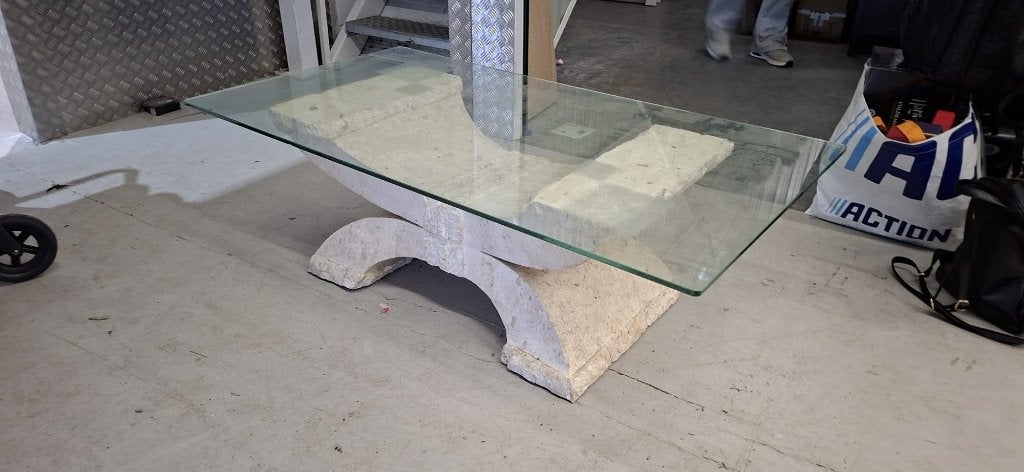 fosiele tafel met glazen blad, Huis en Inrichting, Tafels | Eettafels, Ophalen, Gebruikt, 50 tot 100 cm, Fossiel