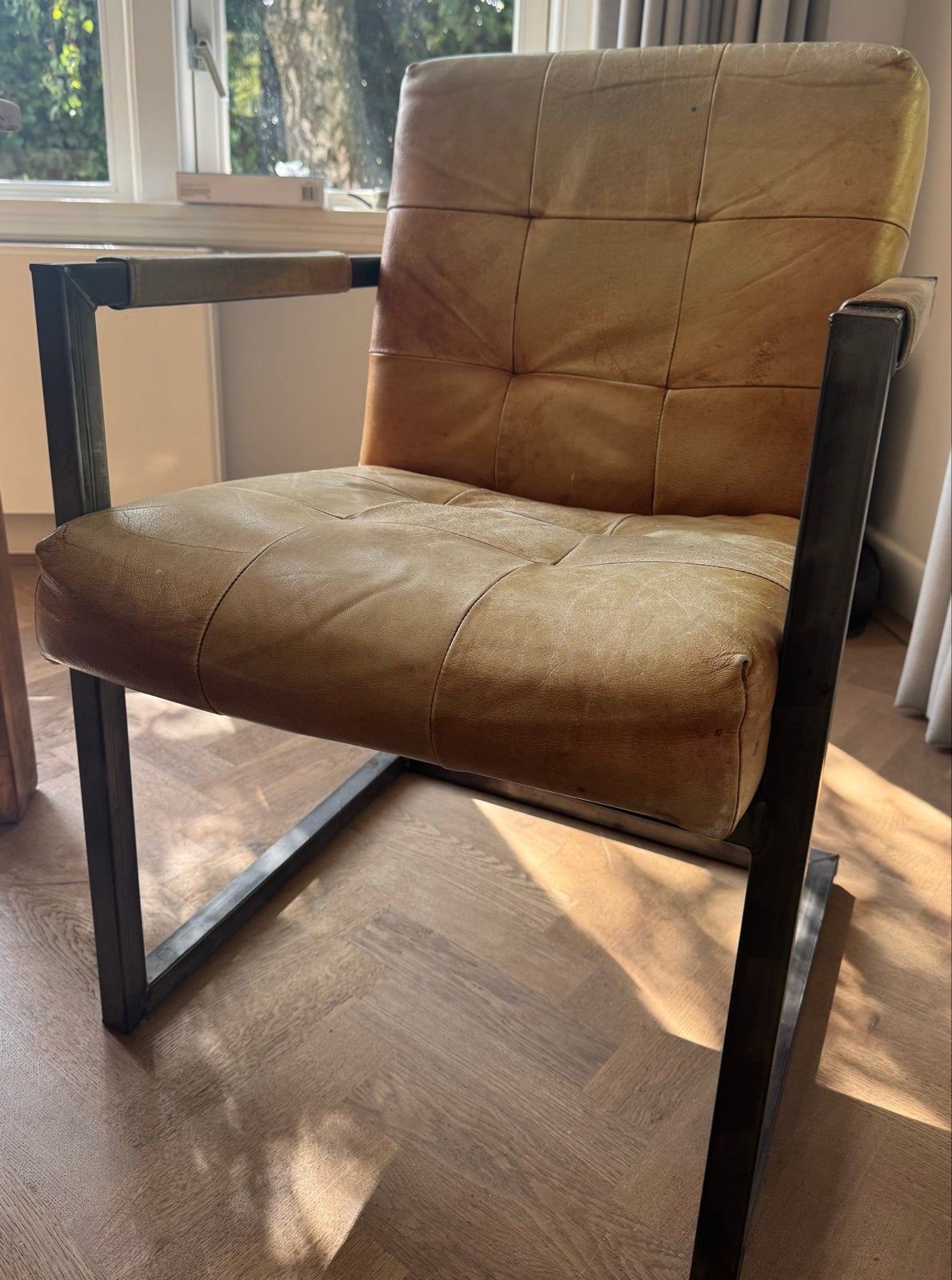 6 eetkamerstoelen met stalen frame cognackleur, Huis en Inrichting, Stoelen, Ophalen, Gebruikt, Bruin, Metaal