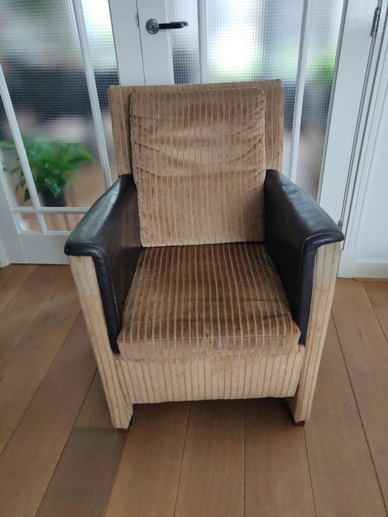 2 Comfortabele fauteuils met stof en leren armleuningen, Gebruikt, Klassiek, Comfortabel, Bruin, Ophalen of Verzenden