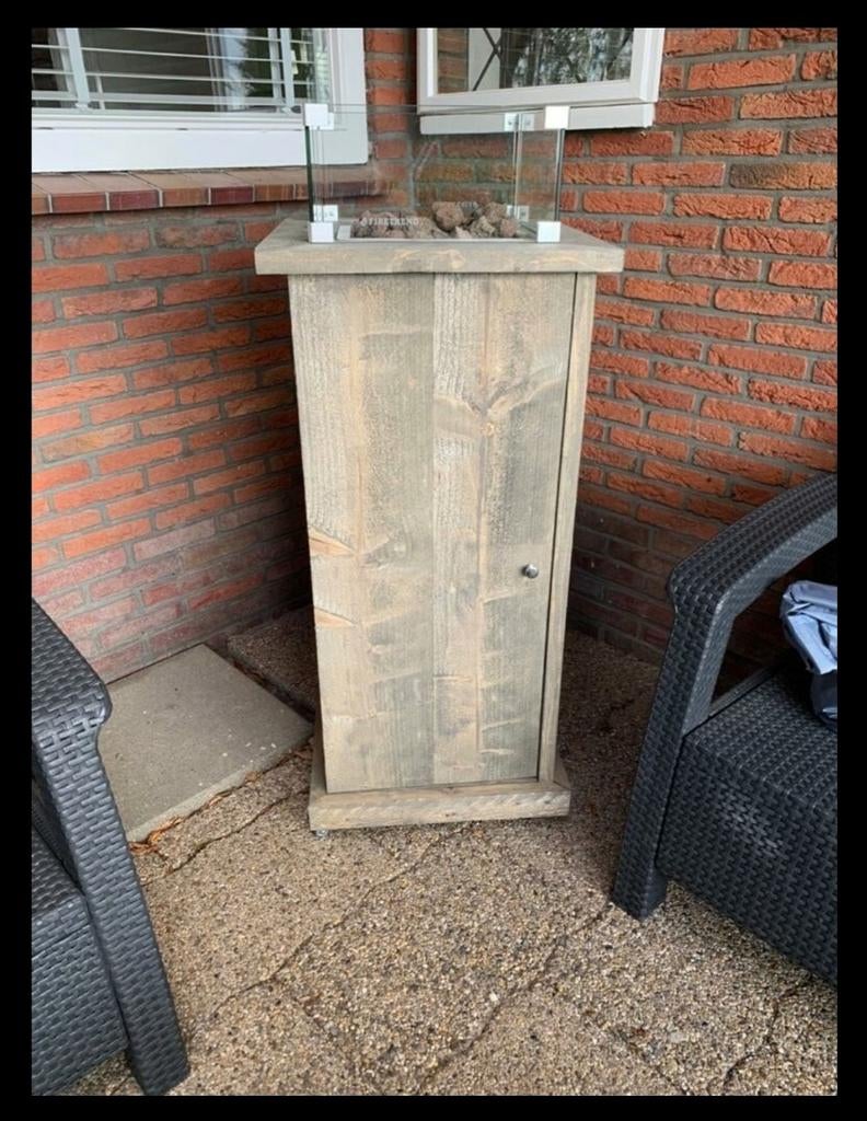 Vuurtafel-zuil met RVS brander, glazen ombouw en afdekplaat, Tuin en Terras, Terrasverwarmers, Ophalen, Nieuw, Waterbestendig