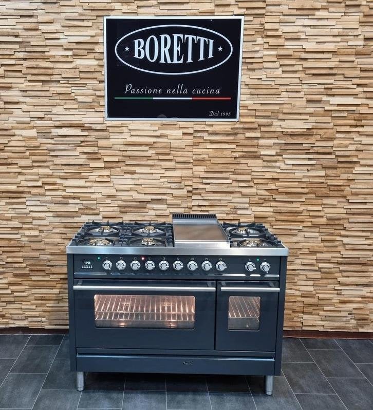 Luxe Boretti Fornuis 120cm antraciet + rvs 7 pits Frytop, Witgoed en Apparatuur, Fornuizen, Niet ingevuld, 60 cm of meer, Niet ingevuld