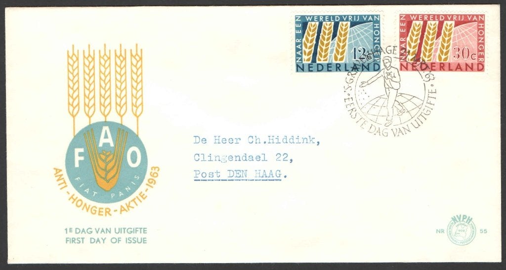 Nederland FDC E55 Met Adres, Anti-honger 1963, Postzegels en Munten, Postzegels | Eerstedagenveloppen, Ophalen of Verzenden, Beschreven