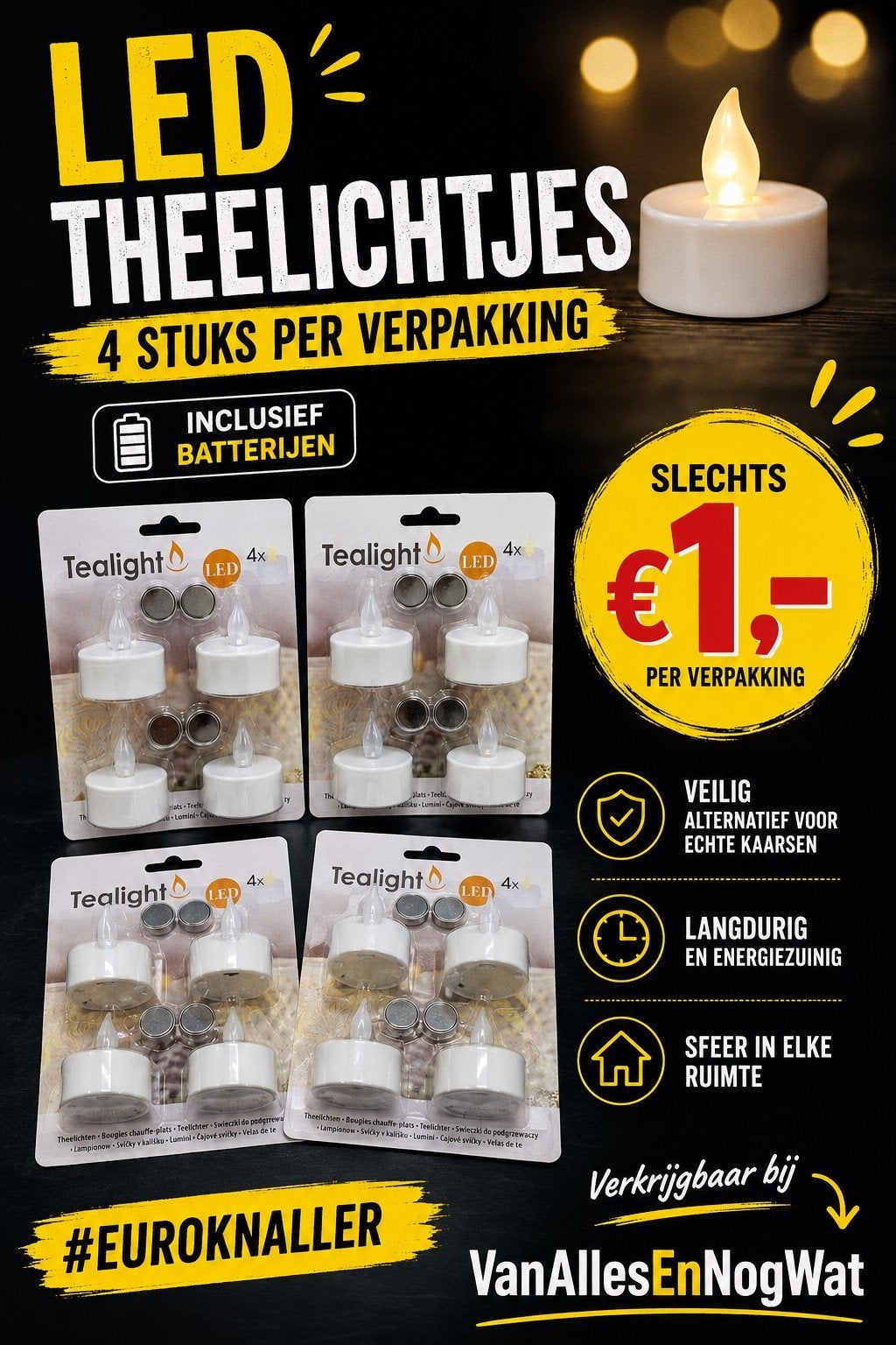 LED Theelichtjes 4 Stuks per Verpakking - Inclusief Batterij, Ophalen, Kunststof, Wit, Nieuw