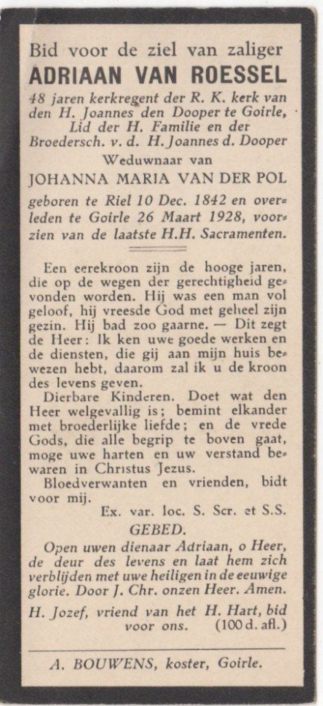 Adriaan van Roessel 1842 Riel + 1928 Goirle, 85 jaar oud, Ophalen of Verzenden