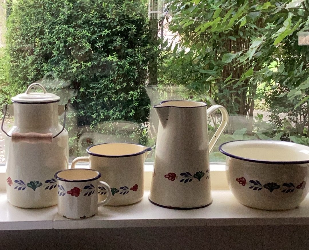 Set emaille boerenbont, Ophalen, Gebruikt, Rond, Minder dan 25 cm